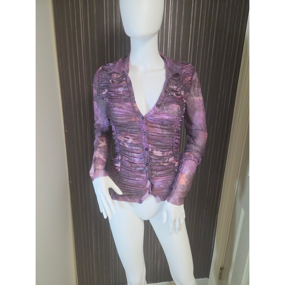 Pilcro Purple Floral Mesh Ruched Long Sleeve Button Front Top XS